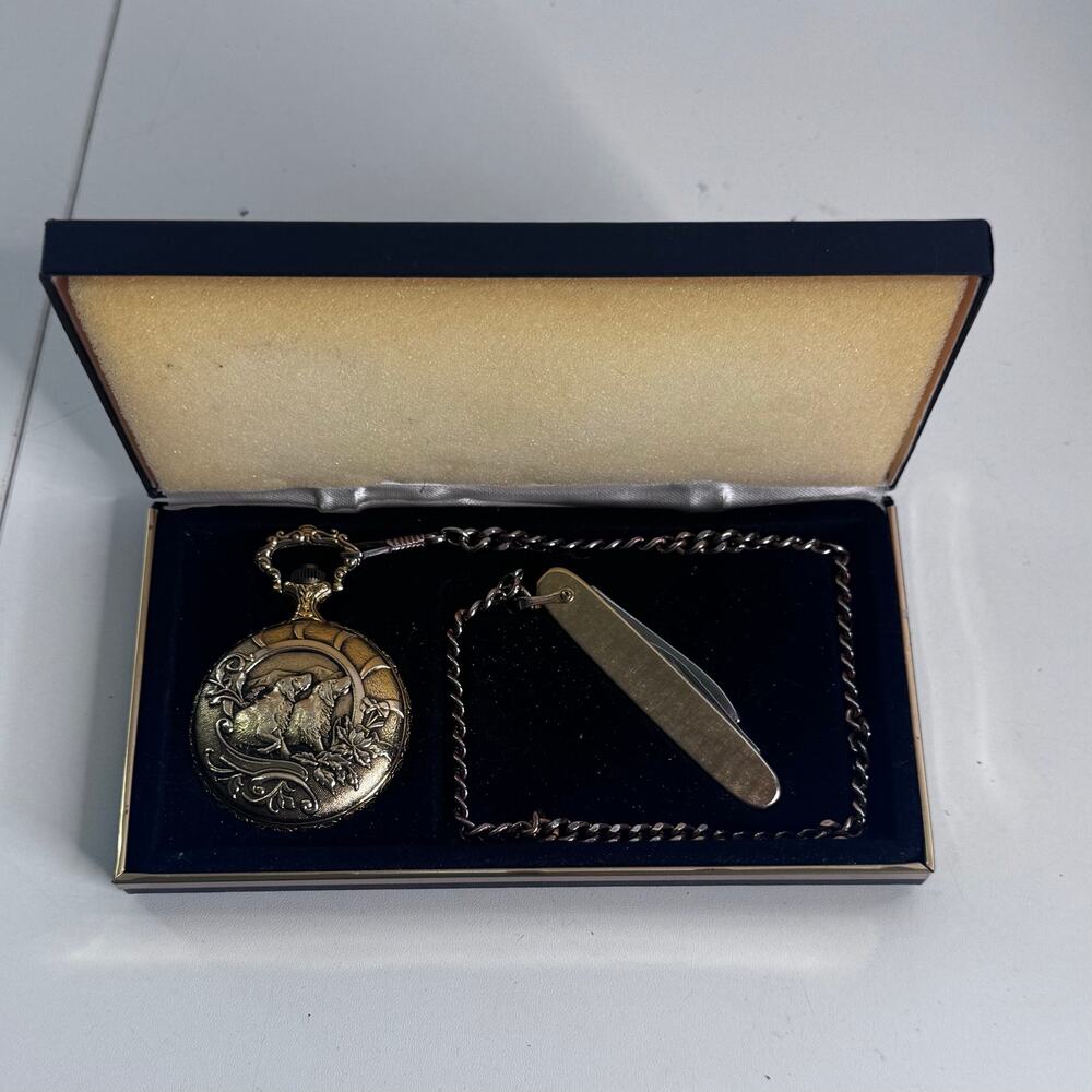 Vintage Majestron Pocket Watch Knife & Original Chain in Box - Deer & Dogs
